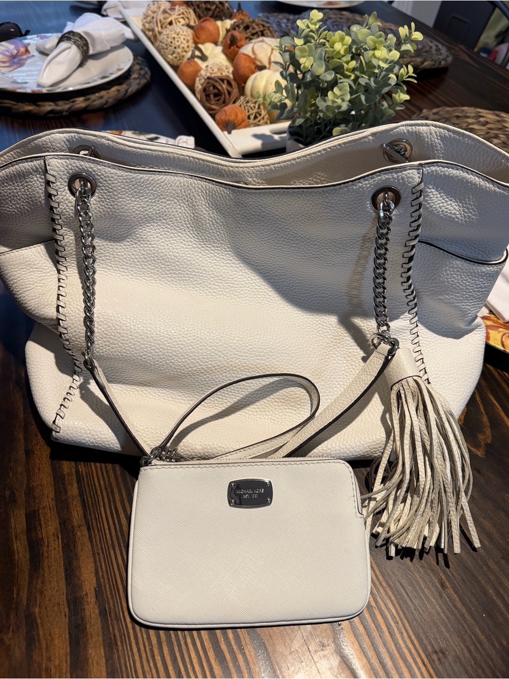 Michael Kors White Leather Shoulder Tote with Tassel and Wristlet